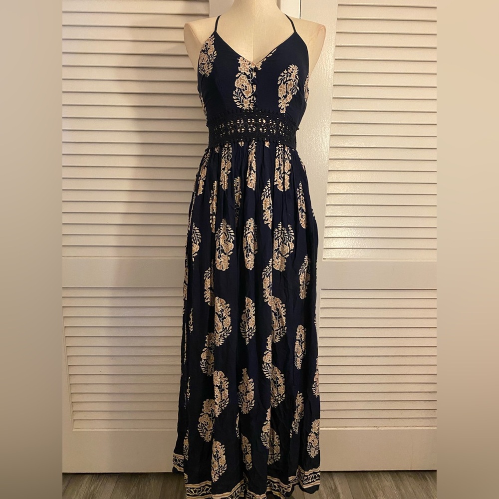 Fashion Nova Navy and Cream Floral Maxi Dress- Size XS
